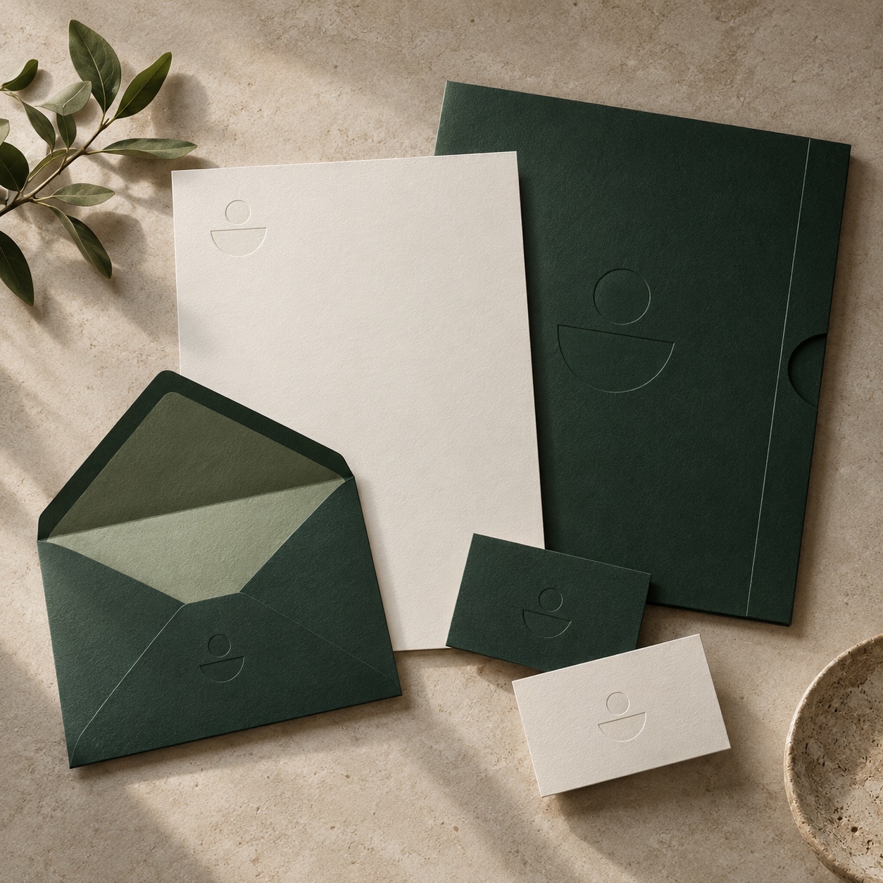 Forest-green and ivory stationery with embossed geometric branding