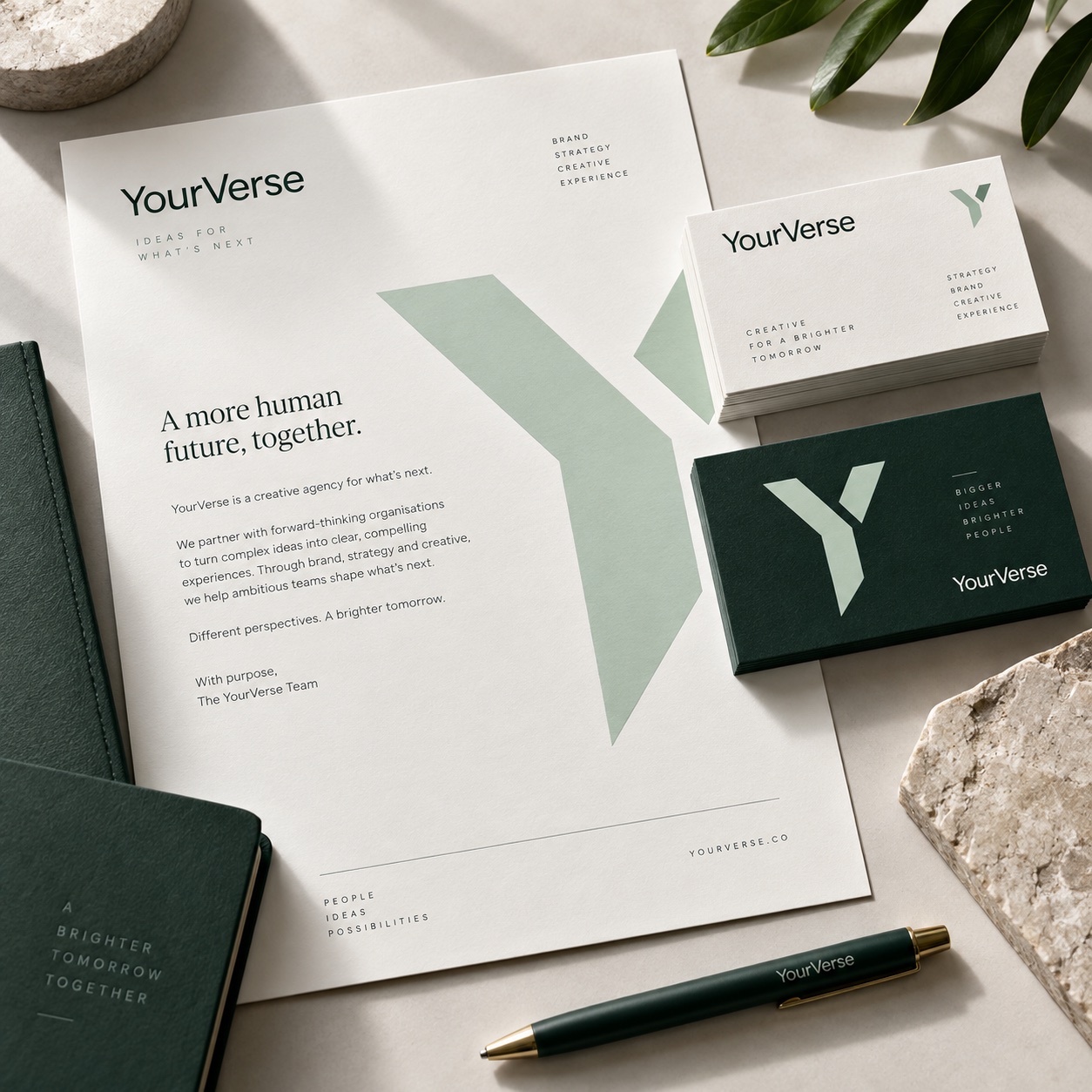 Brand stationery with business cards and letterhead