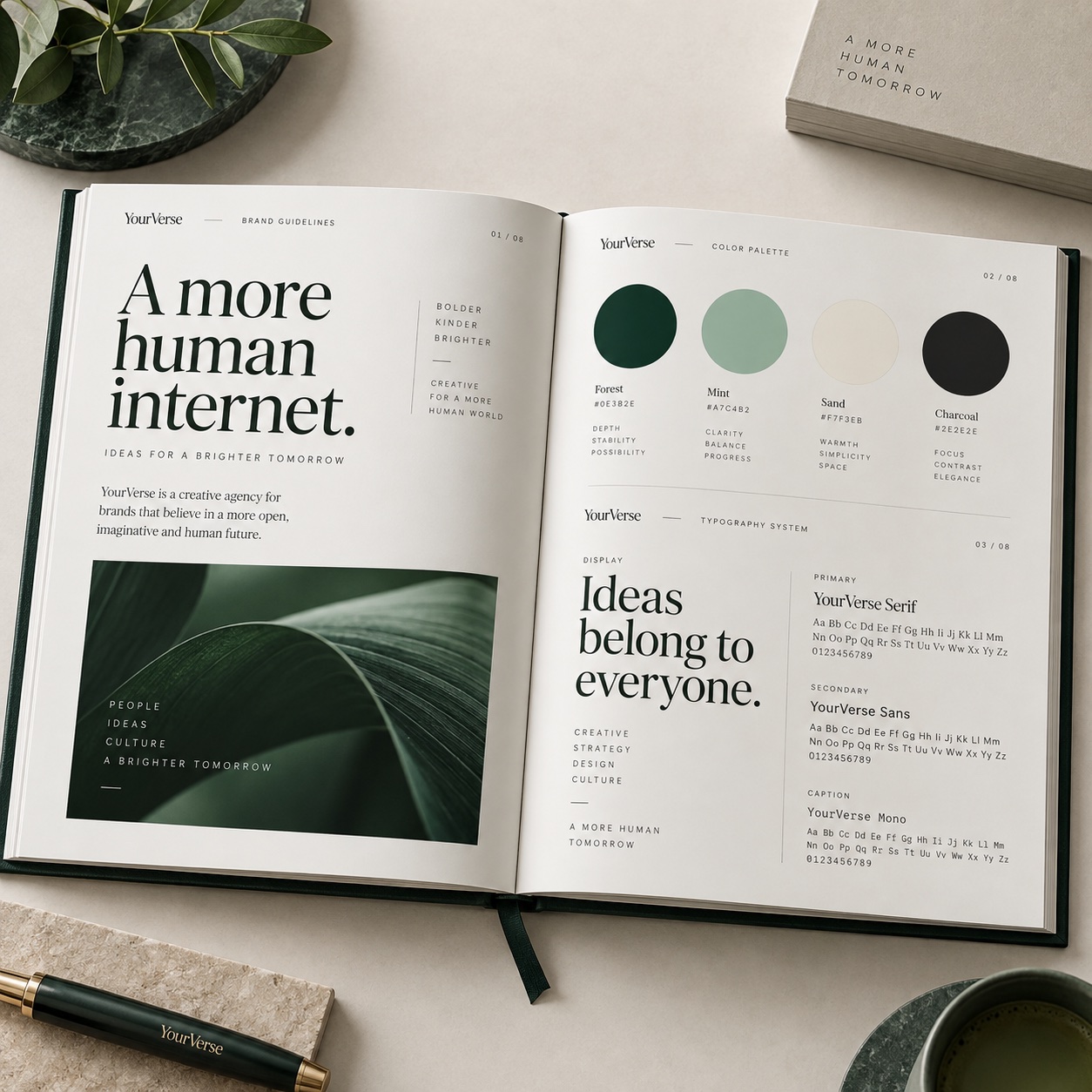 Brand guidelines with typography and a coordinated color palette